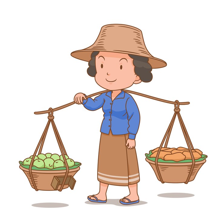 Vector karakter kartun pedagang wanita thailand membawa keranjang buah.