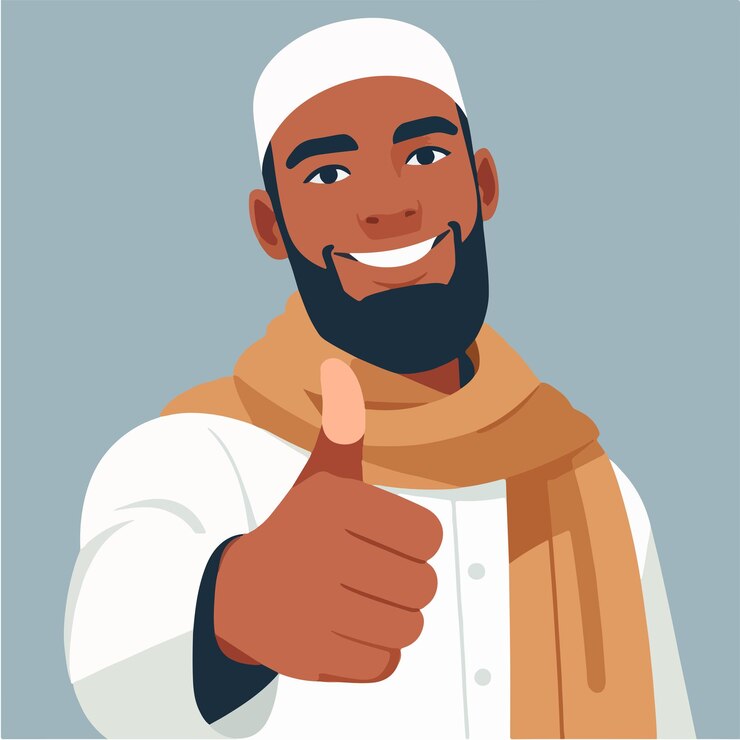 Vector karakter vektor seorang pria muslim yang mengekspresikan jempol ke atas dalam gaya desain datar