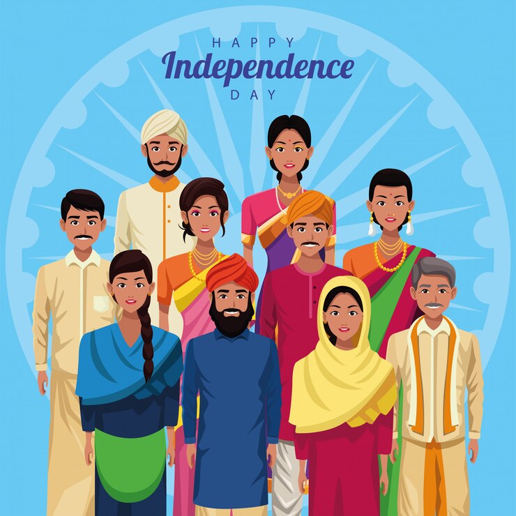 Vector kartu perayaan hari kemerdekaan india yang bahagia dengan sekelompok orang