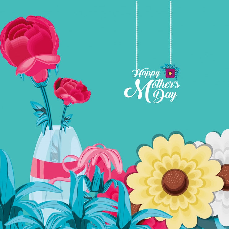 Vector kartu selamat hari ibu dengan bunga di dalam vas