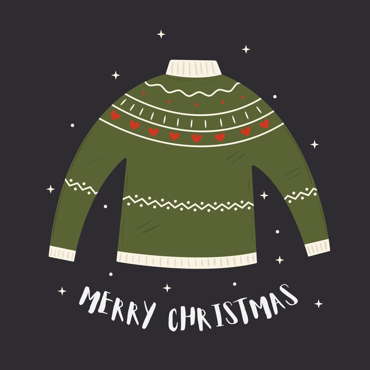 Vector kartu ucapan selamat natal dengan sweter doodle jelek tradisional dengan ornamen