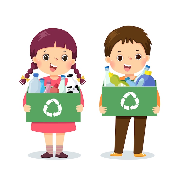 Vector kartun anak-anak memegang wadah berisi botol plastik. konsep lingkungan.