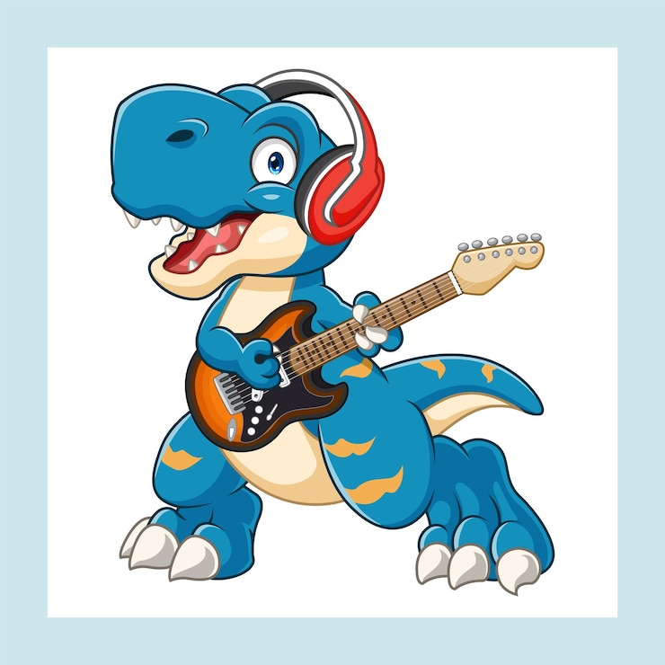 Vector kartun dinosaurus kecil lucu bermain gitar