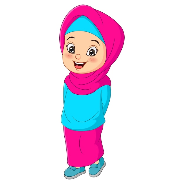 Kartun gadis muslimah bahagia berdiri