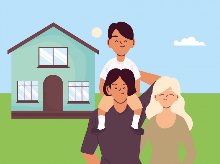 Vector kartun ibu ayah dan anak laki-laki di depan vektor rumah