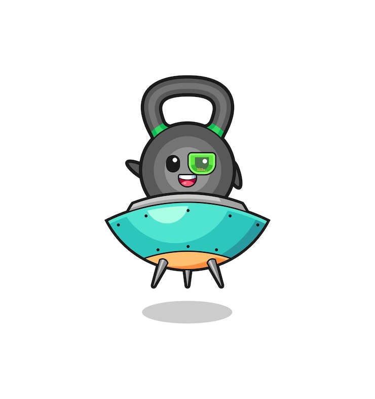 Vector kartun kettlebell mengendarai pesawat ruang angkasa masa depan desain lucu
