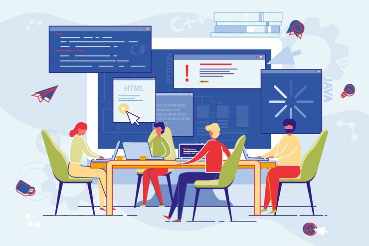Vector karyawan perusahaan mengambil kursus pendidikan online.