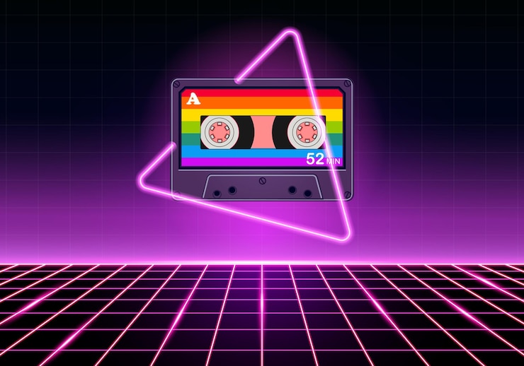Vector kaset retro dengan neon merah muda