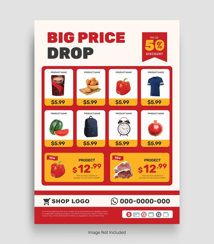 Vector katalog penjualan produk supermarket dan banner templat selebaran penjualan bahan makanan