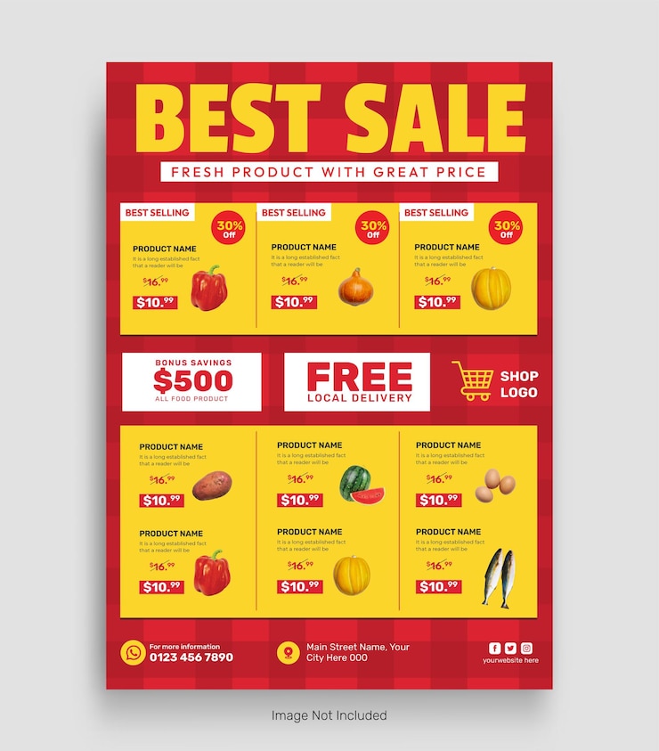 Vector katalog penjualan produk supermarket dan banner templat selebaran penjualan bahan makanan