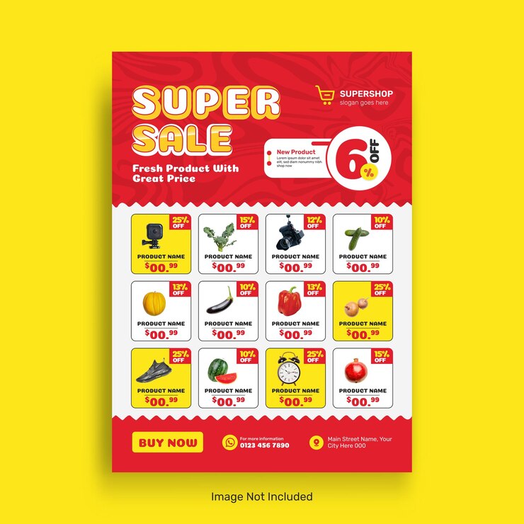 Vector katalog penjualan produk supermarket dan banner templat selebaran penjualan bahan makanan