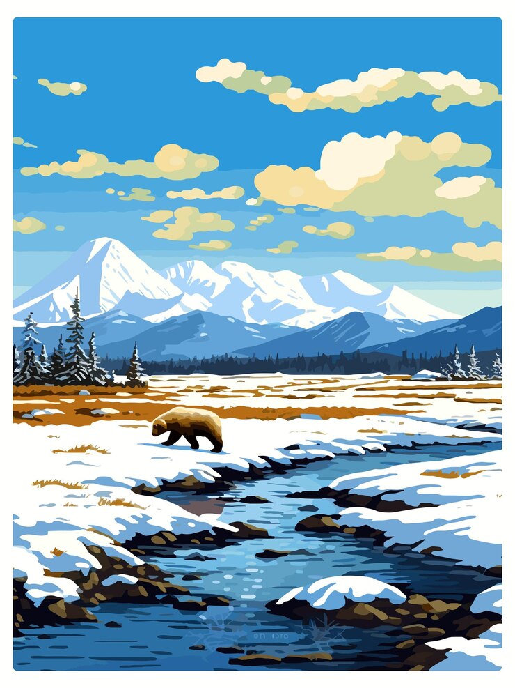 Vector katmai national park alaska vintage travel poster souvenir postcard portrait painting illustration