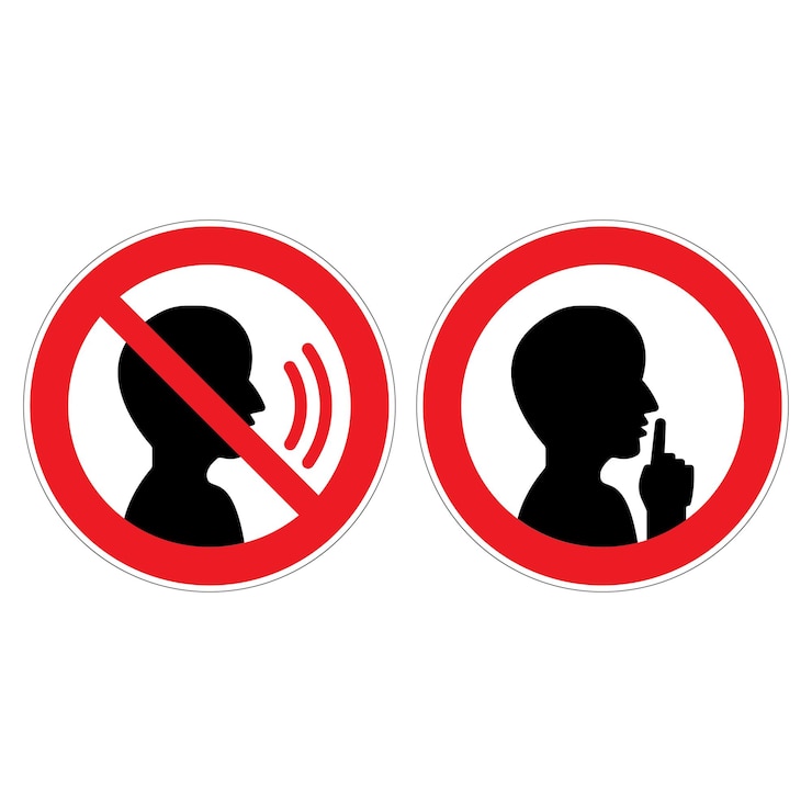 Vector keep quiet silent please sign crossed person talking shhh icon in circle on white background