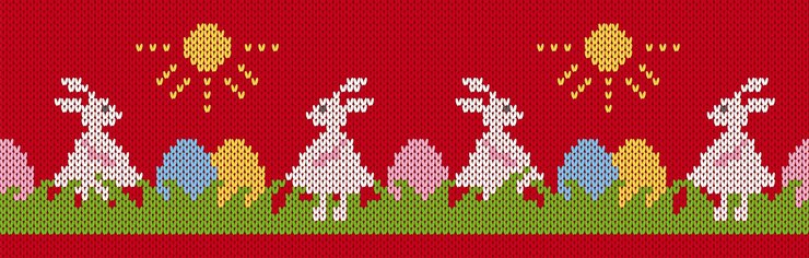 Vector kelinci paskah dan telur di rumput dengan pola rajutan tanpa jahitan. motif merah selamat paskah dengan kelinci.