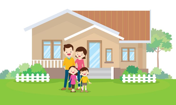 Vector keluarga besar bahagia di depan rumah pelangi
