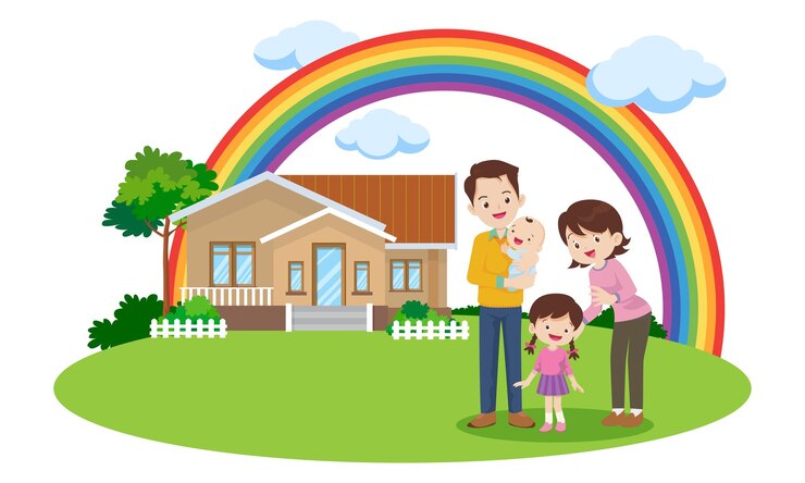 Vector keluarga besar bahagia di depan rumah pelangi