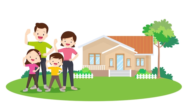 Vector keluarga besar bahagia di depan rumah pelangi