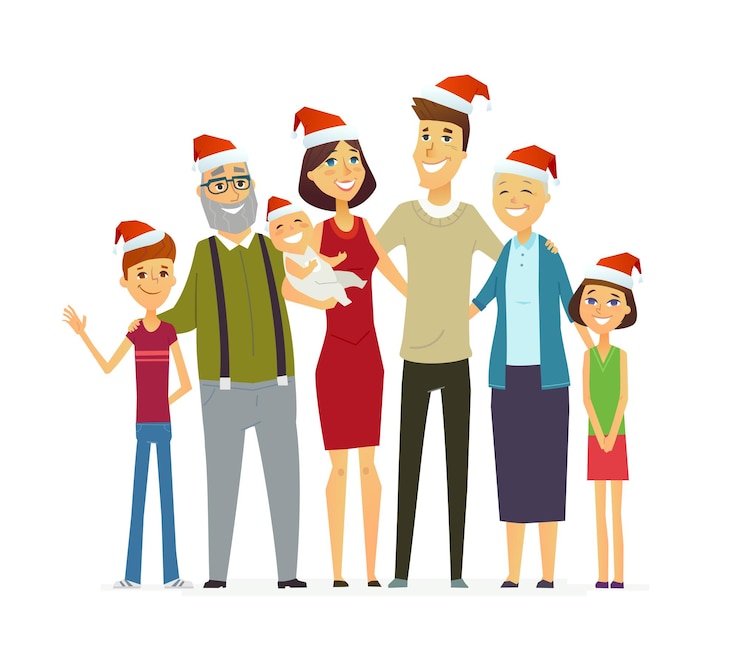 Vector keluarga di hari natal - ilustrasi hadiah datar modern berwarna vektor dari karakter kartun. ayah, ibu, nenek, kakek, putra, putri, bayi.