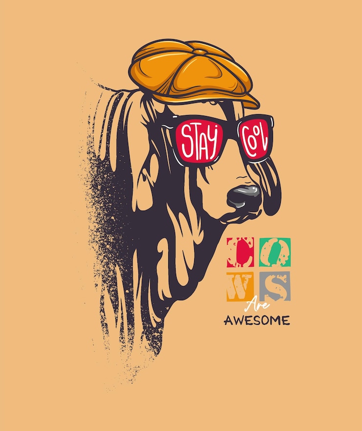 Vector kepala sapi keren mengenakan kacamata hitam dan topi yang trendi ilustrasi vektor yang digambar tangan