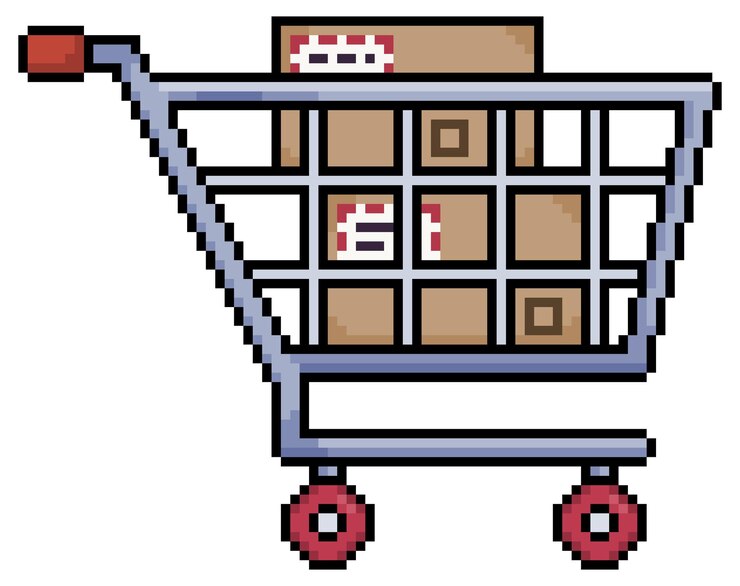 Keranjang belanja seni piksel dengan kotak dan paket, ikon vektor troli supermarket untuk game 8bit