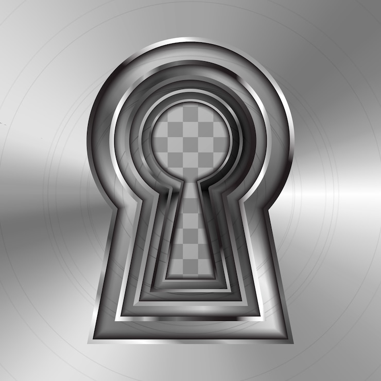 Vector keyholes in bright glossy metal plate on transparent background