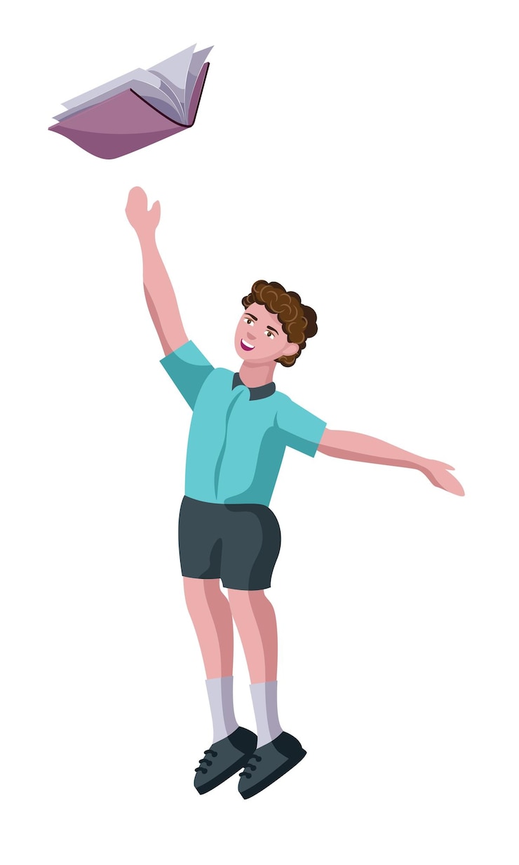 Vector kid jumping with book isolated vector illustration