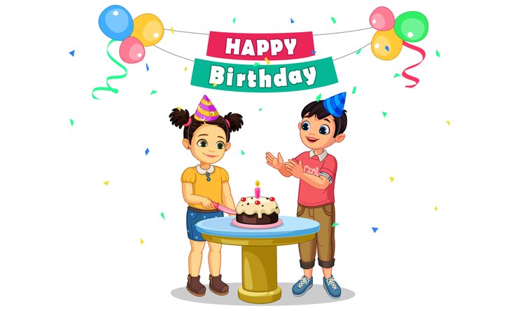 Vector  kids birthday in a party party cutting a cake