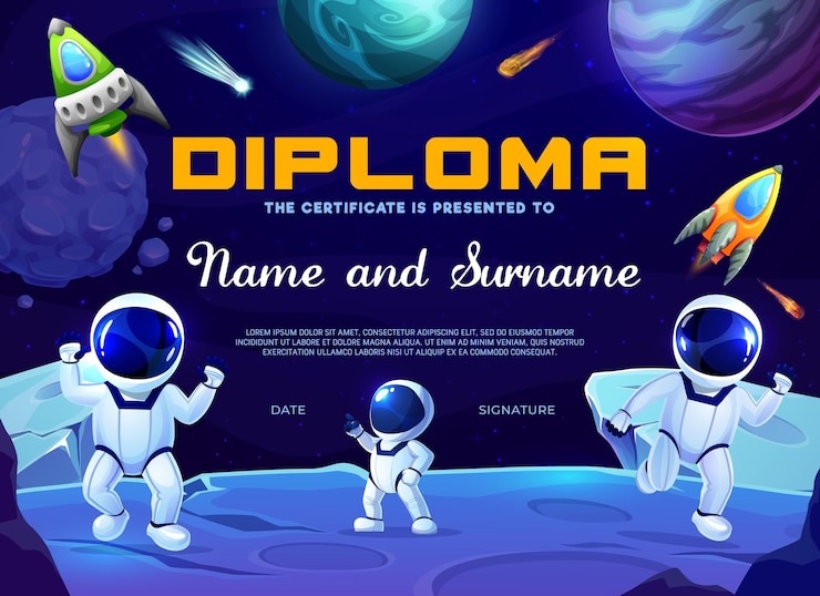 Vector kids diploma with cartoon astronauts on planet