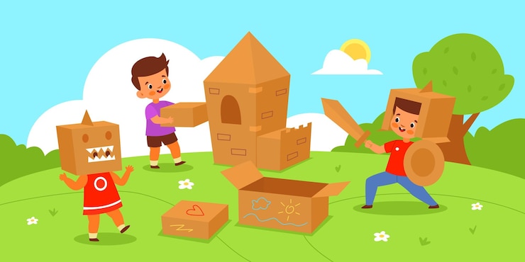 Vector kids play cardboard boxes children outdoor activity funny game in nature creativity and imagination handmade toy castle horizontal poster or banner vector cartoon flat concept