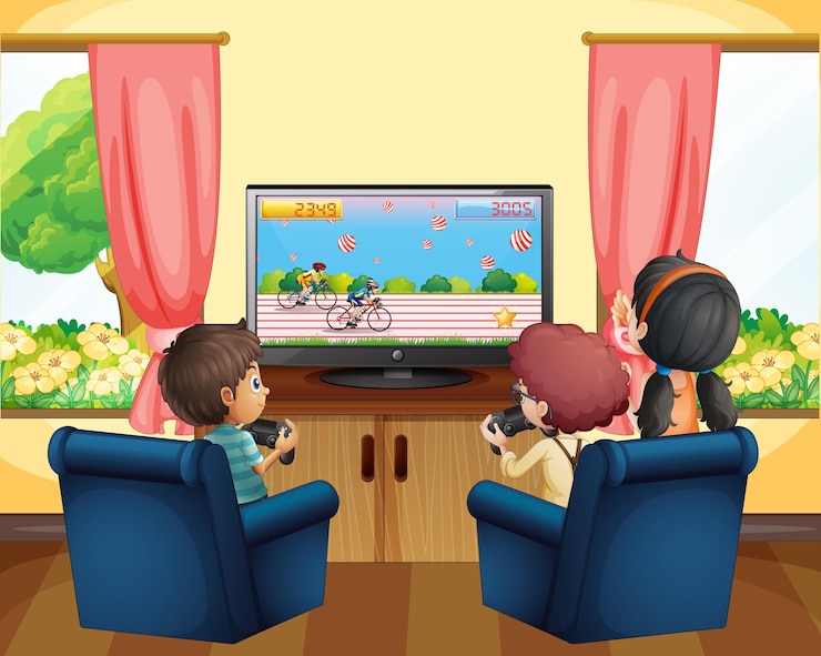 Vector kids playing racing game on tv