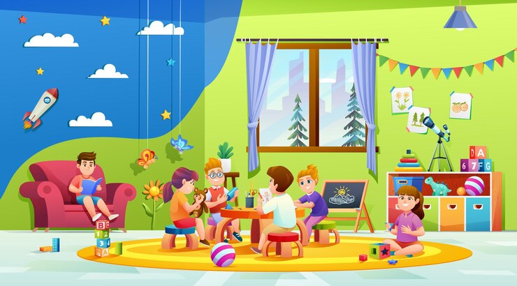 Vector kids playing together in kindergarten classroom cartoon illustration