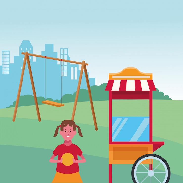 Vector kids zone, cute girl with ball and swing food booth playground