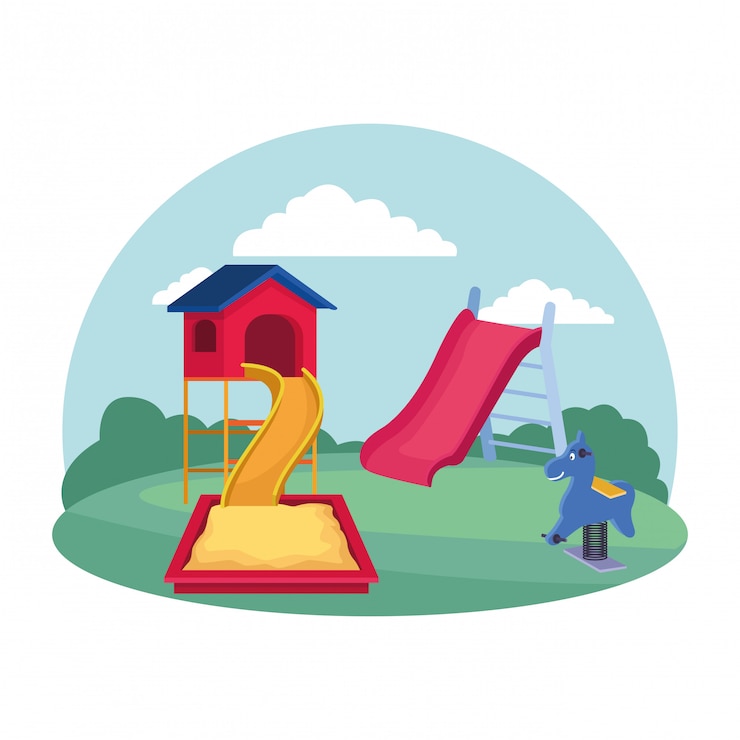 Vector kids zone, playground equipment slide sandbox spring horse