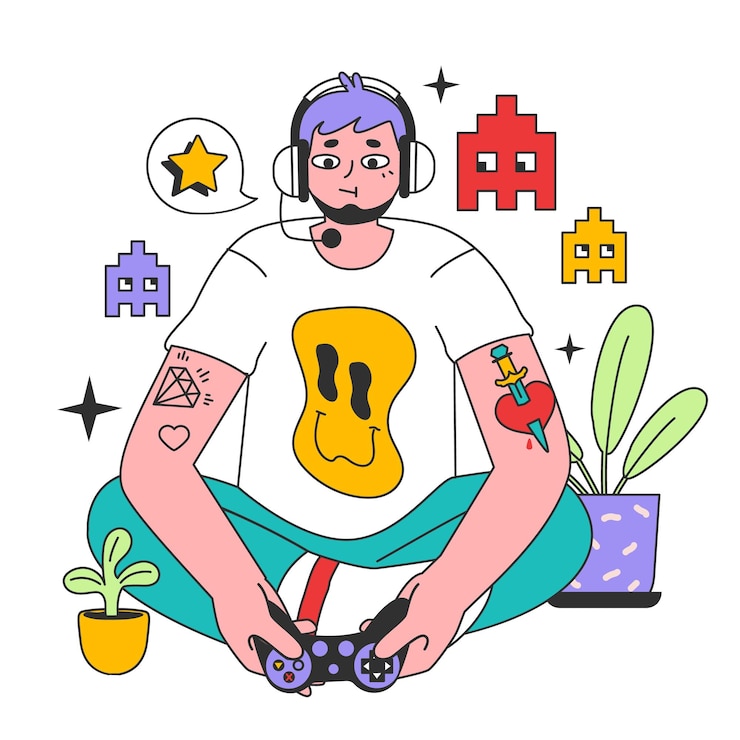 Vector kidult man keeping his childhood passion or interest adult character playing videogames gamer in a headphones with a gamepad modern hobby and entertainment flat vector illustration
