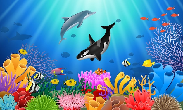 Killer whales and dolphin cartoon with underwater view and coral background Vector Illustration