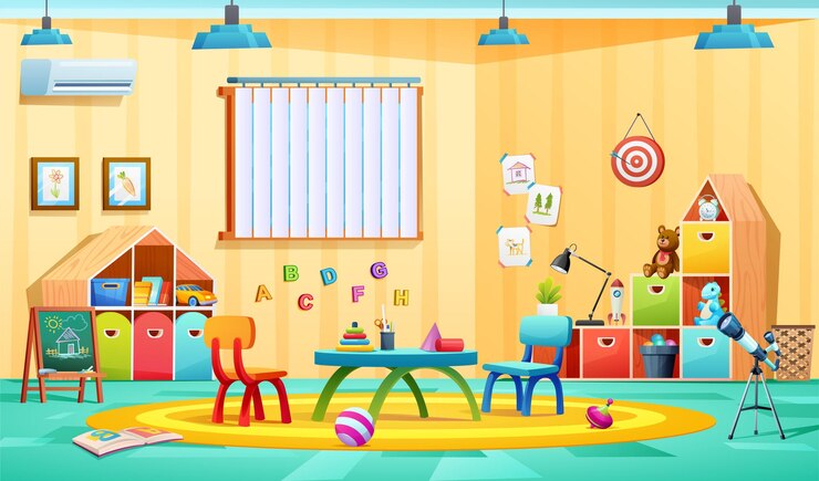 Vector kindergarten classroom interior design cartoon illustration