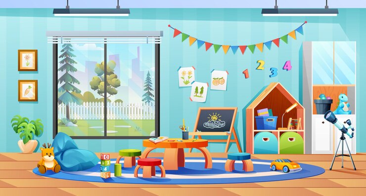 Vector kindergarten room with furniture, stationery and toys vector cartoon illustration