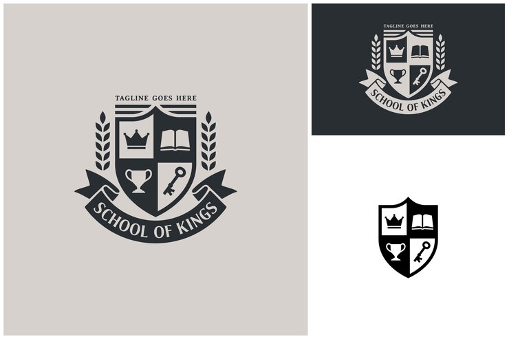 Vector king crown book trophy key and ribbon for kingdom emblem coat of arms school university badge logo
