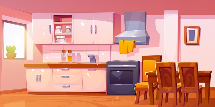 Vector kitchen interior with dining table oven hood