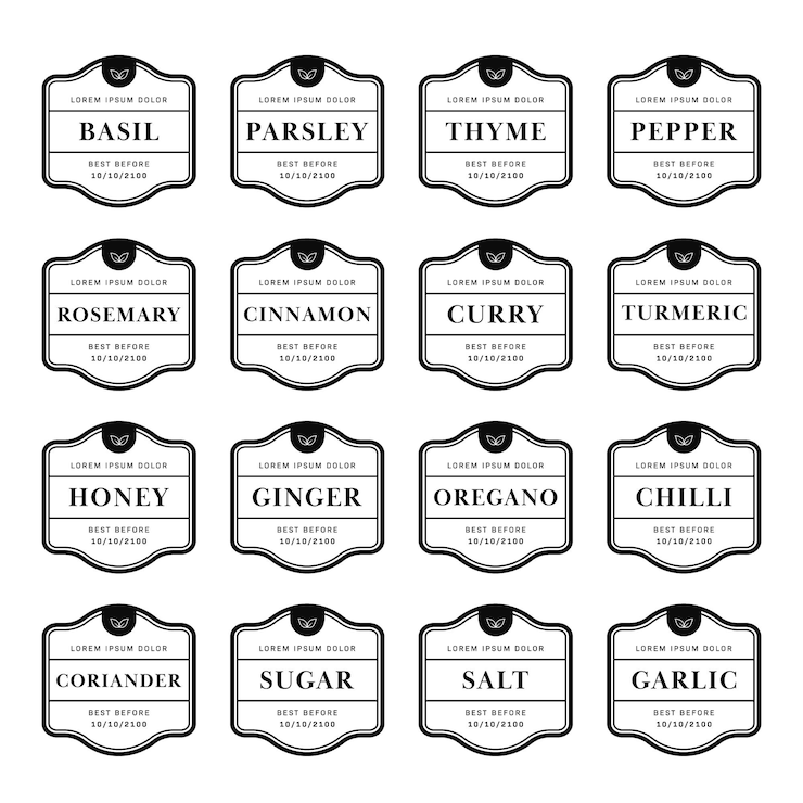 Vector kitchen seasoning pantry label sticker design simple black white set