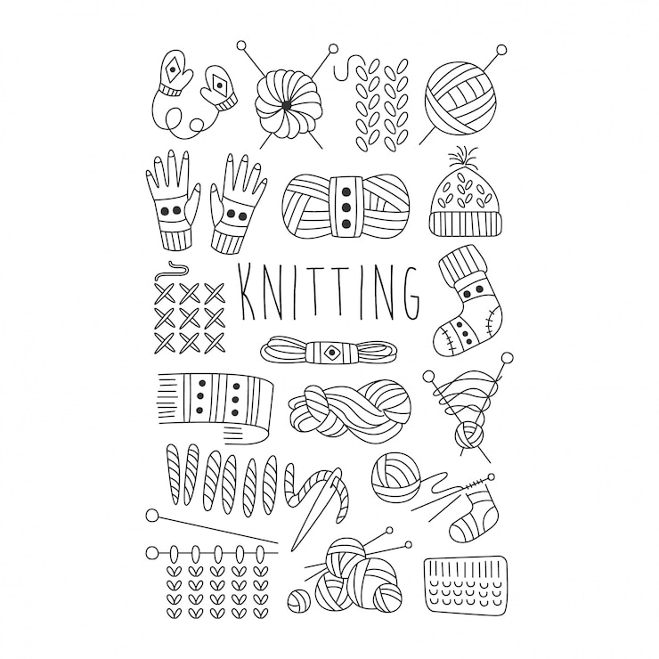 Vector knitting. black and white  hand drawn set.