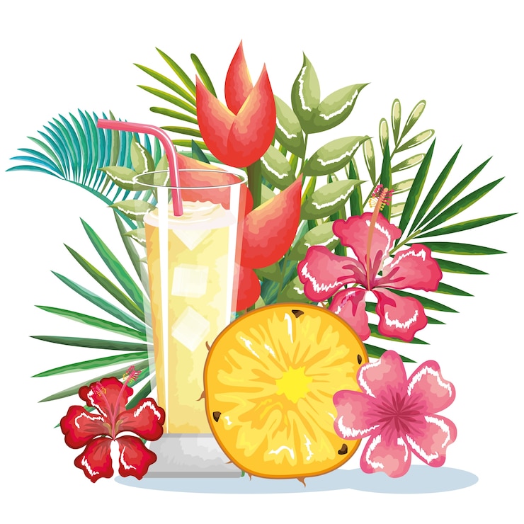 Vector koktail tropis dengan buah nanas dan desain ilustrasi vektor floral dekorasi