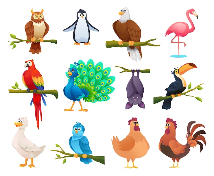 Vector koleksi burung yang berbeda dalam gaya kartun