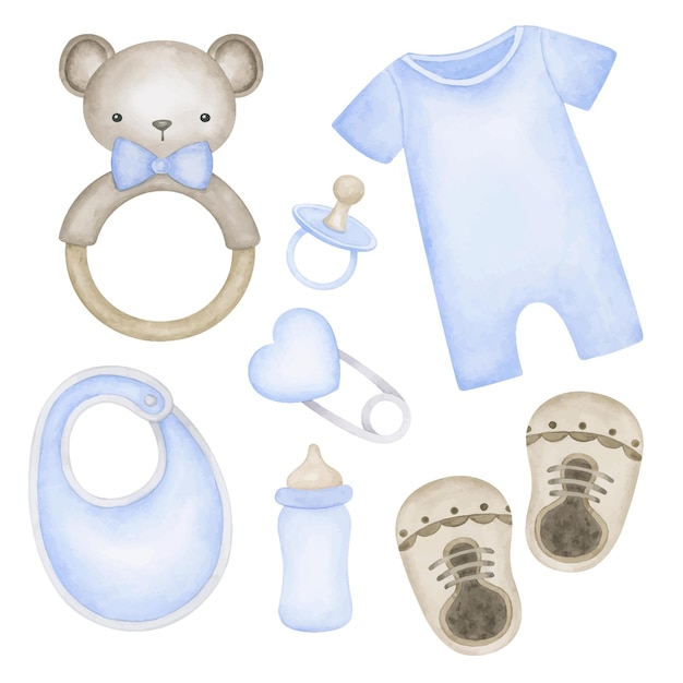 Koleksi clipart aksesori bayi laki-laki yang baru lahir Set ilustrasi yang digambar tangan dengan cat air
