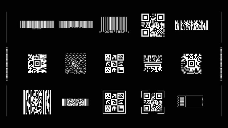 Vector koleksi kode batang putih dalam kode pemindaian toko qr hitam, jenis kode batang ilustrasi vektor