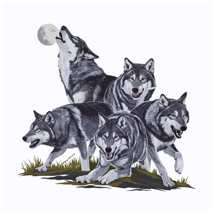 Vector koleksi vektor serigala yang dapat dicetak, serigala melolong, tiga serigala di atas batu, hewan liar, simbol keberanian, gambar ikon, latar belakang hitam putih