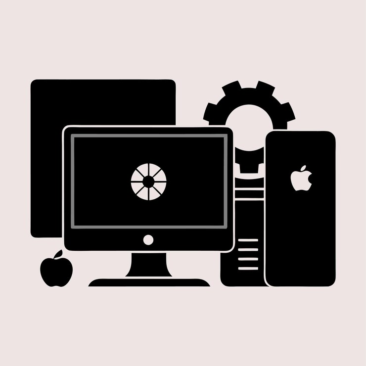 Vector komponen perangkat keras komputer, suku cadang, dan perangkat yang menampilkan desain gaya vektor sistem operasi os