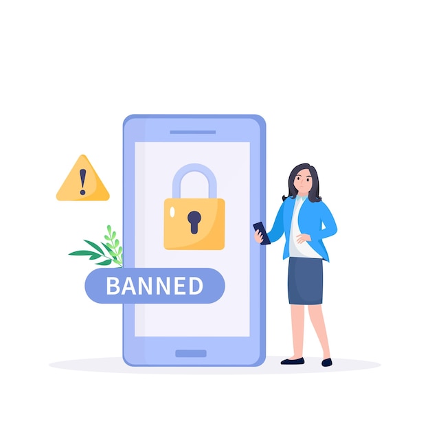 Komposisi simbolik pemblokiran internet dengan pengguna yang menghentikan pelecehan email dengan kunci besar