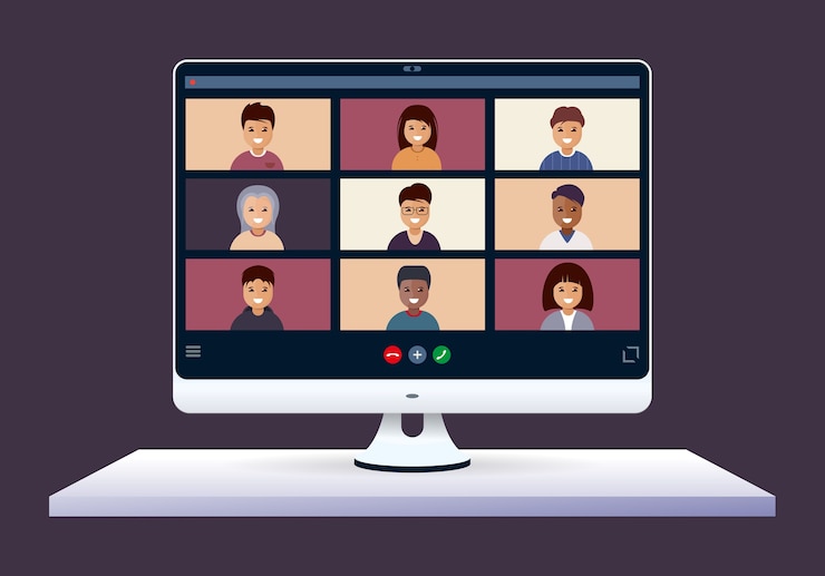 Vector konferensi online. pelajaran virtual dengan grup
