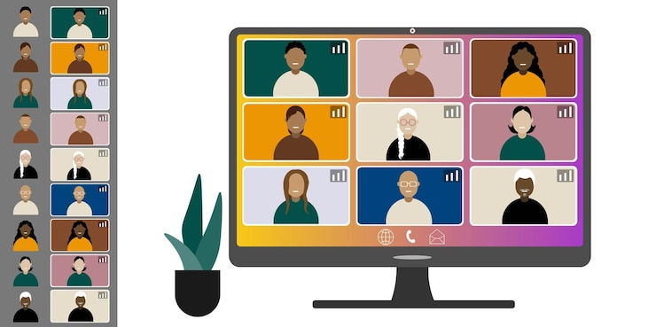 Vector konferensi panggilan video bekerja dari rumah. rekan kerja dengan berbagai kebangsaan dan usia berbicara